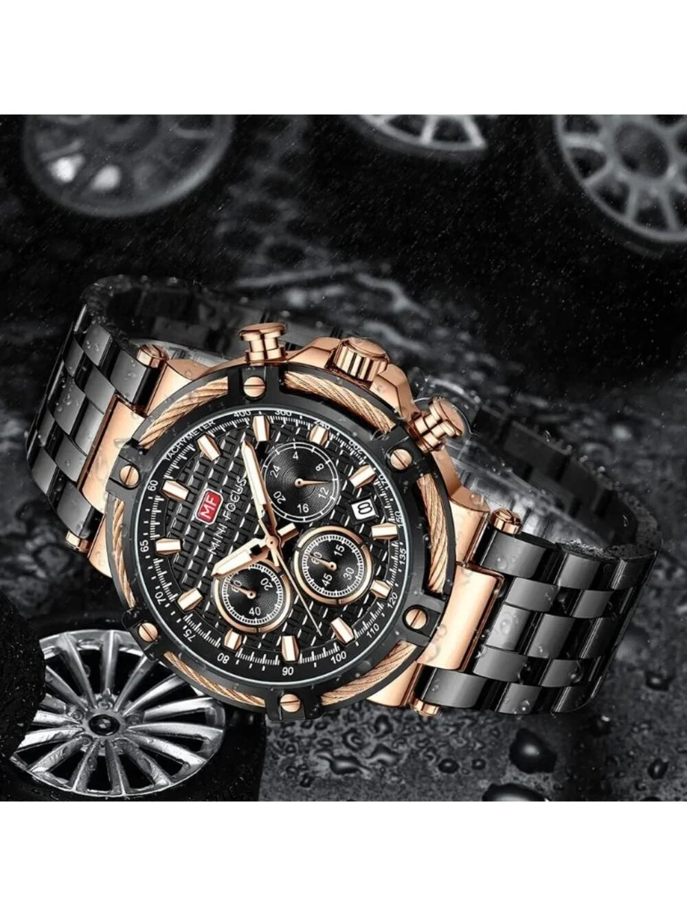 Men's Black Golden Stainless Steel Band Chronograph Waterproof Luminous Watch